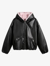 Leather Pink Fur Hooded Quilted Jacket 