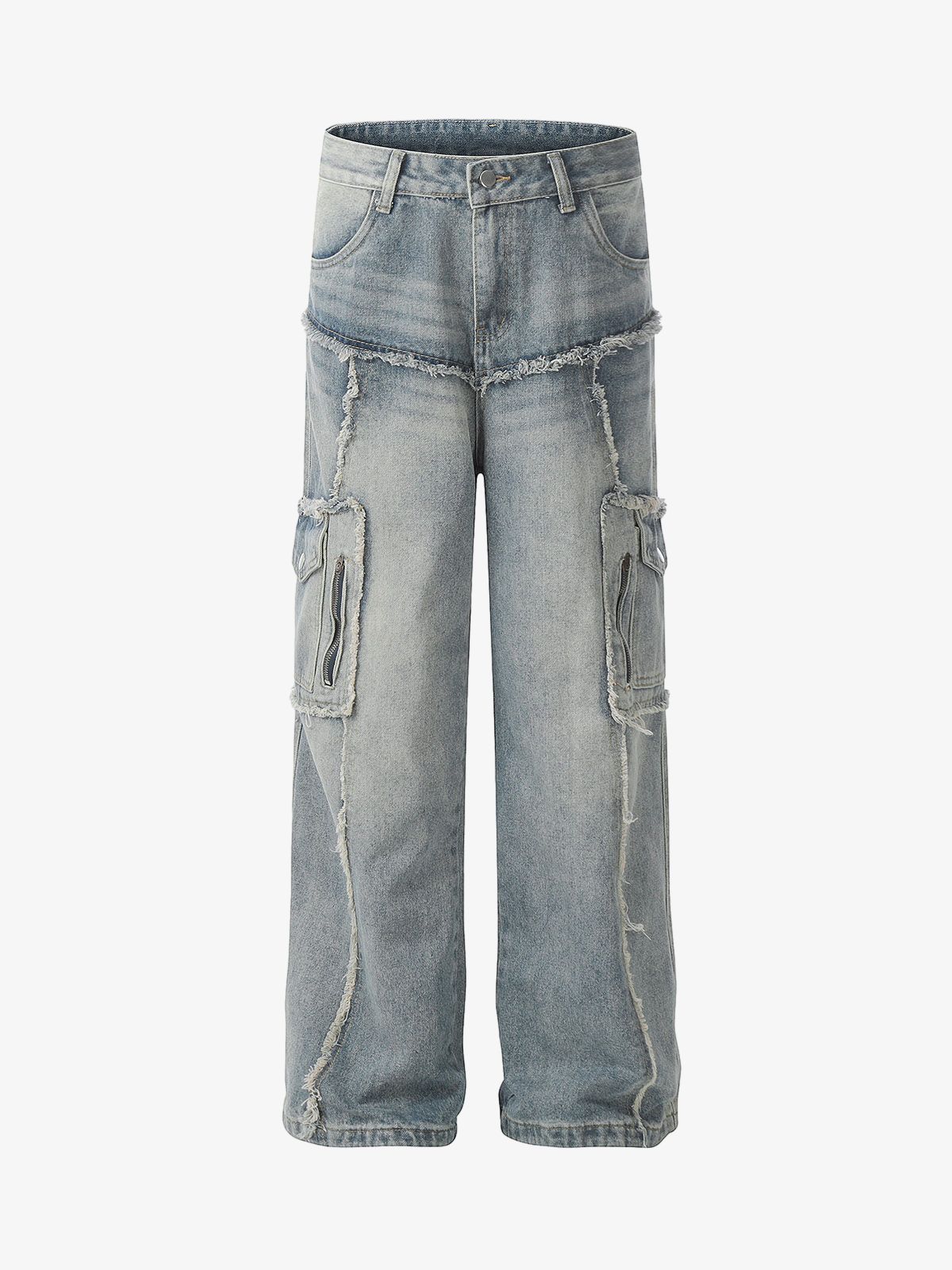 Thesupermade Detressed Raw Edge Multi-pocket Cargo Jeans 