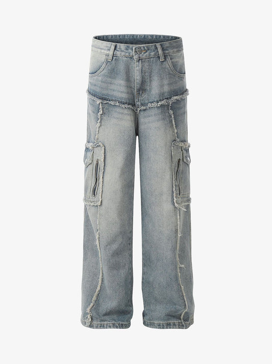 Thesupermade Detressed Raw Edge Multi-pocket Cargo Jeans 