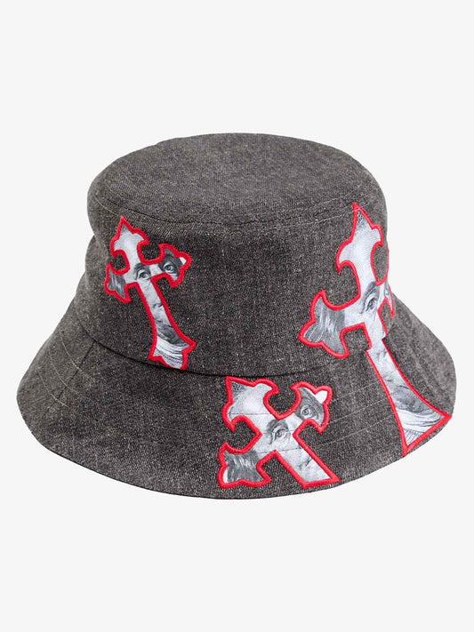 Cross And Portrait Denim Bucket Hat 
