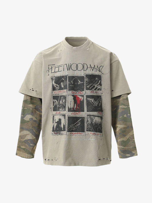 Distressed Camouflage Faux Two-Piece Graphic T-Shirt 