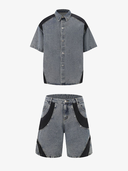 Deconstructed Patchwork Short-Sleeve Cropped Denim Set 