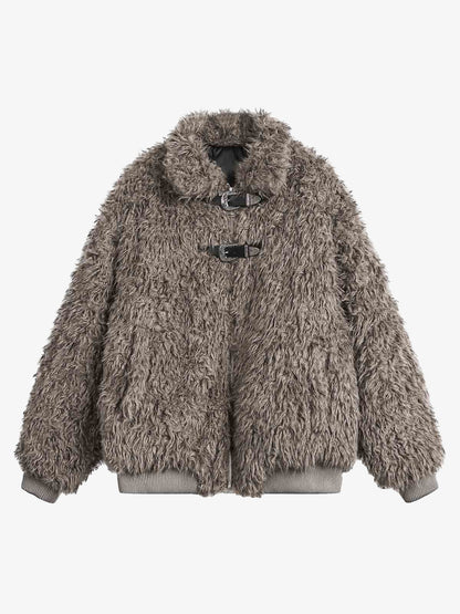 Thesupermade Metal leather button Faux Fur Jacket -2245 