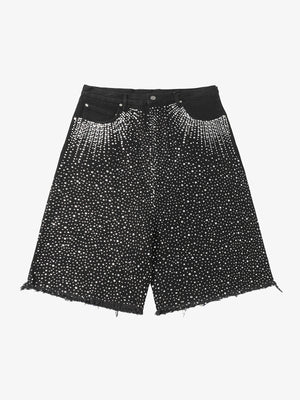 Retro Washed Rhinestone Raw Edge Denim Shorts - 2419 