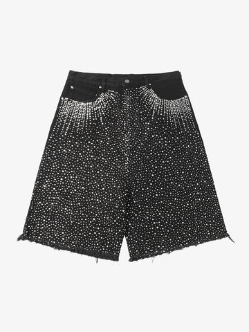 Retro Washed Rhinestone Raw Edge Denim Shorts - 2419 