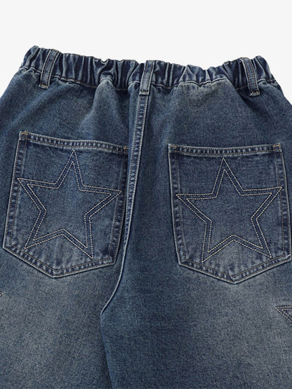 Street Patchwork Star Embroidered Denim Shorts - 2133 
