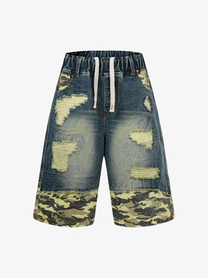 Distressed Camouflage Denim Shorts 