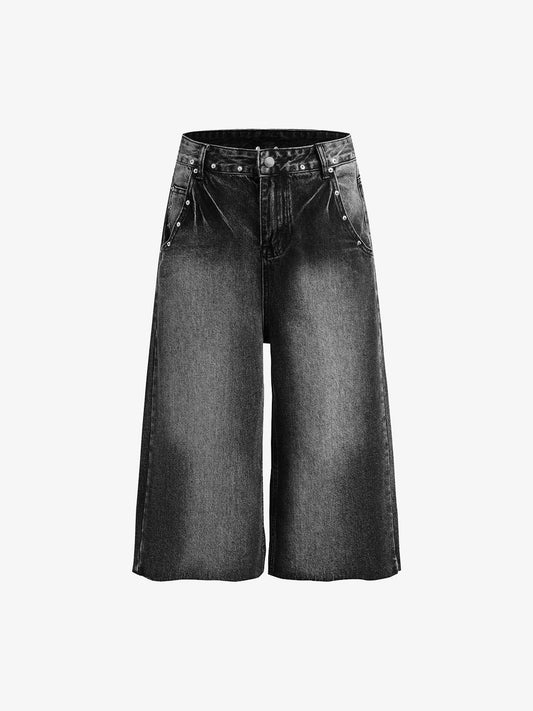 Washed Distressed Rivet Denim Cropped Jorts 