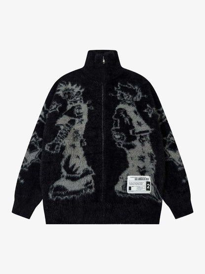 Thesupermade Graffiti Faux Mink Fur Zip Up Sweater 