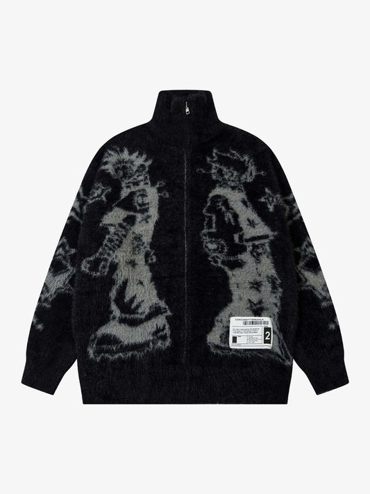Thesupermade Graffiti Faux Mink Fur Zip Up Sweater 