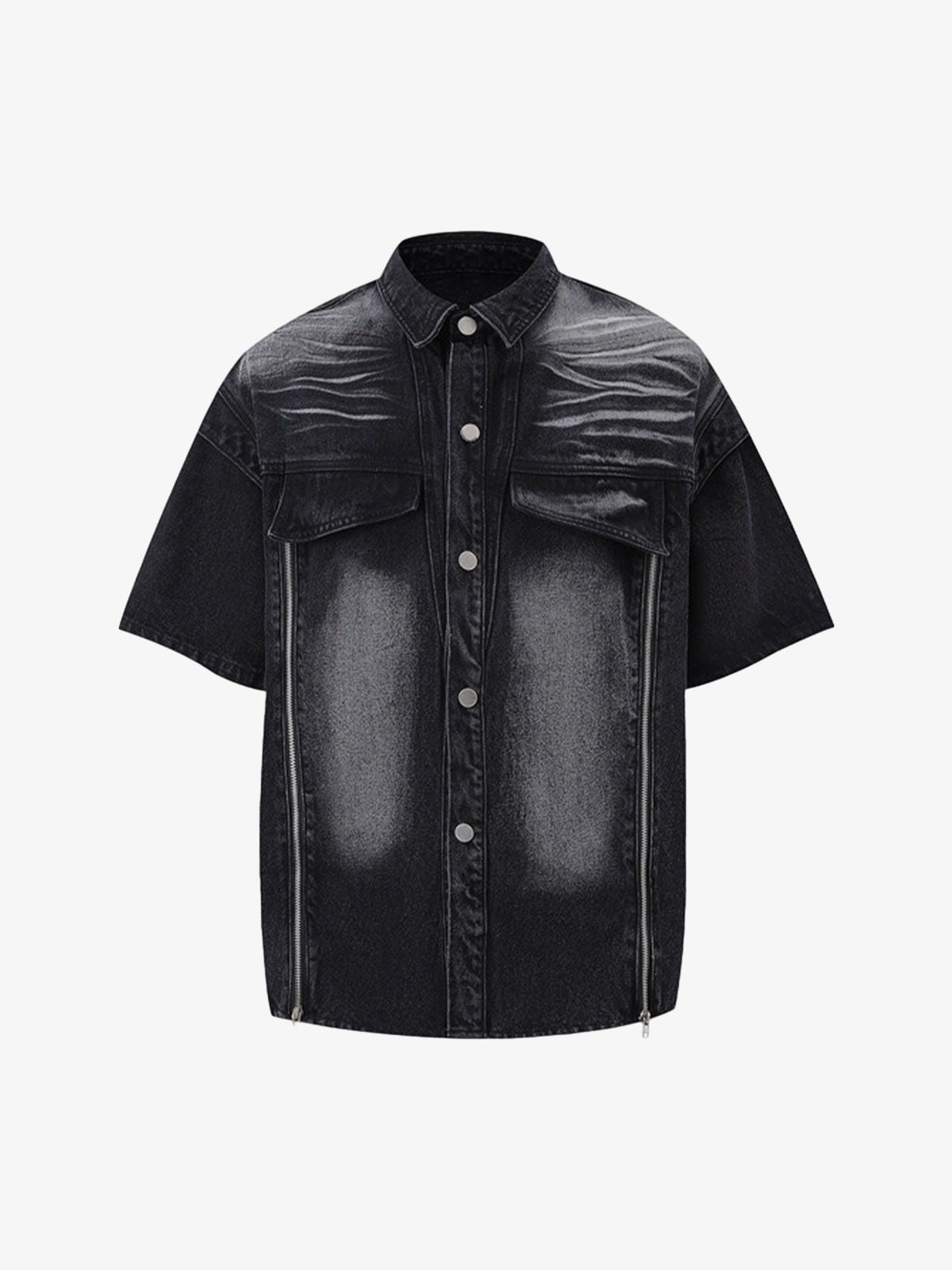 Distressed Washed Workwear Denim Shirt And Jorts Set 