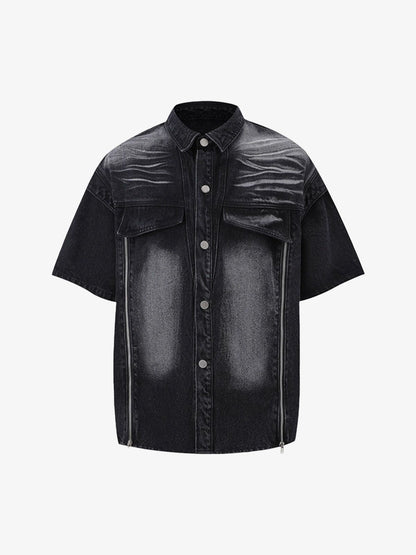 Distressed Washed Workwear Denim Shirt And Jorts Set 