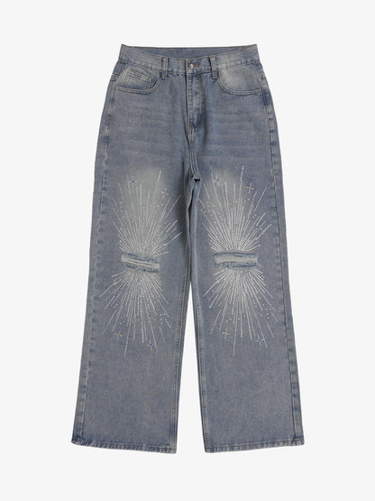 Thesupermade Hip-Hop Shining Cross Hot Diamond Distressed Washed  Baggy Jeans 