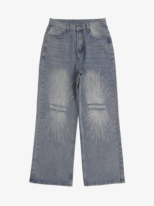 Thesupermade Hip-Hop Shining Cross Hot Diamond Distressed Washed  Baggy Jeans 