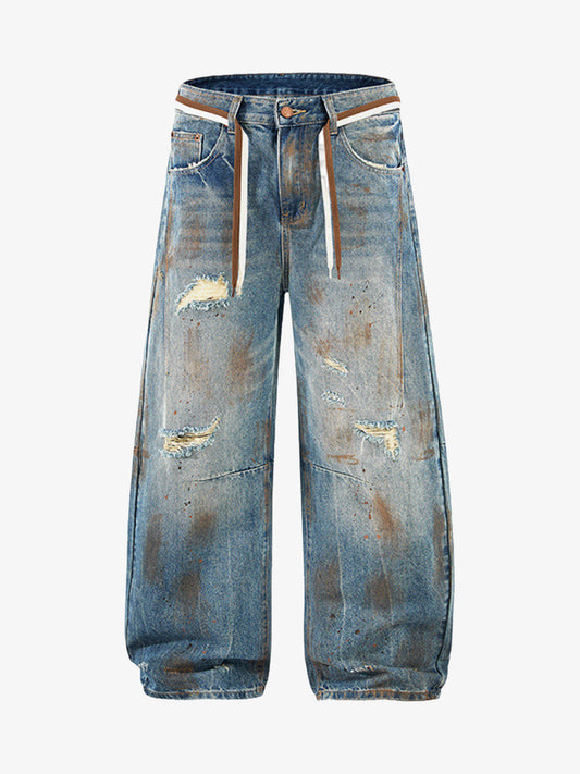 Retro Ink-Splashed Ripped Jeans 
