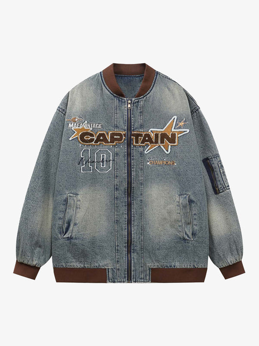 Thesupermade Alphabet Patch Embroidered Quilted Denim Bomber Jacket - 2311 