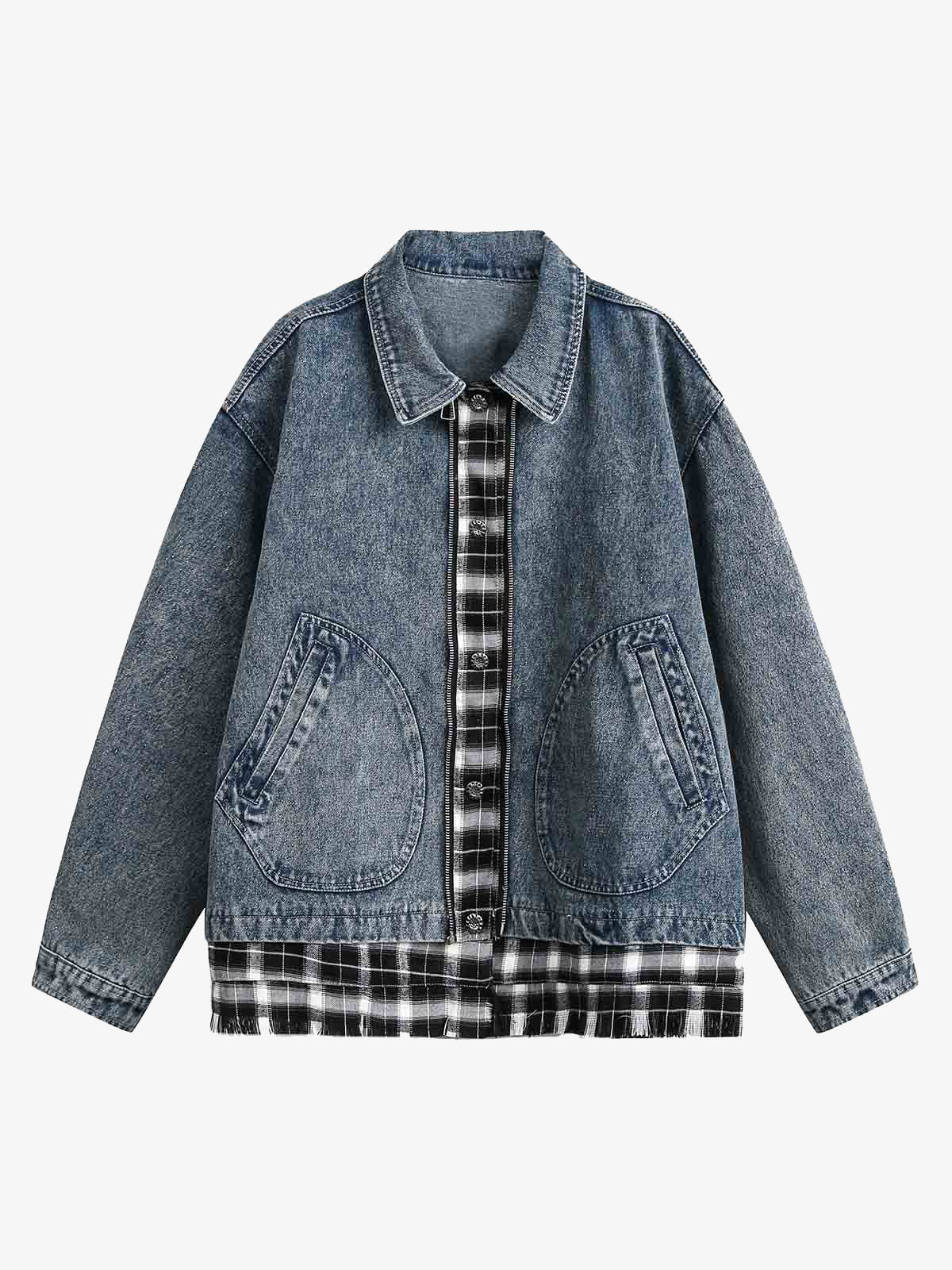 Washed Distressed Patchwork Faux Two-Piece Denim Jacket 