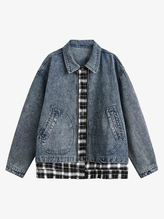 Washed Distressed Patchwork Faux Two-Piece Denim Jacket 