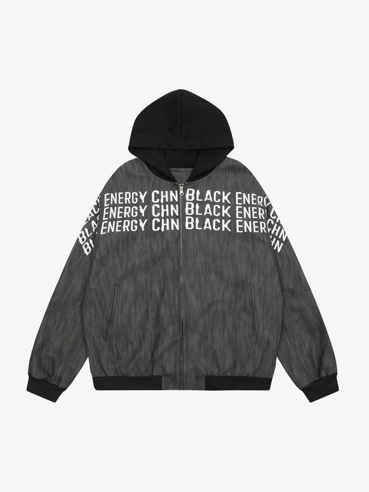 Patchwork Print Zip Up Hooded Jacket 