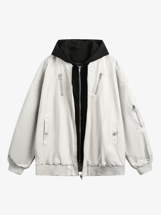 Faux Two-Piece Multi Pocket Spliced Hooded Bomber Jacket 