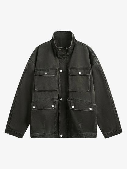 Retro Washed Distressed Multi-Pocket Work Jacket 