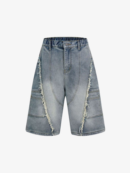 Washed Distressed Raw Edge Denim Jorts 