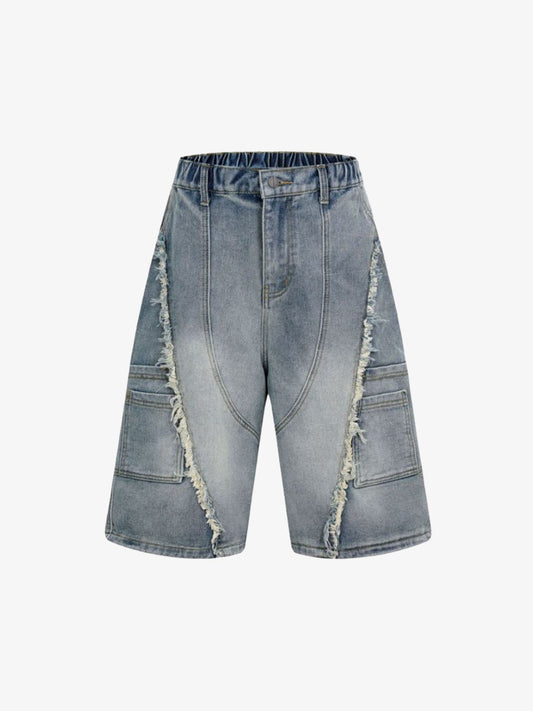 Washed Distressed Raw Edge Denim Jorts 