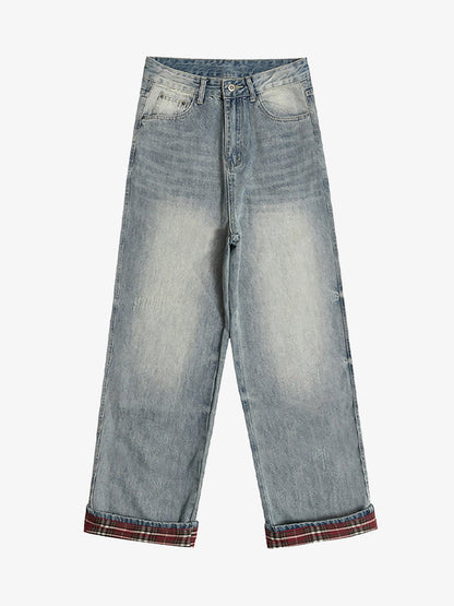 Vintage Washed Plaid Baggy Jeans 