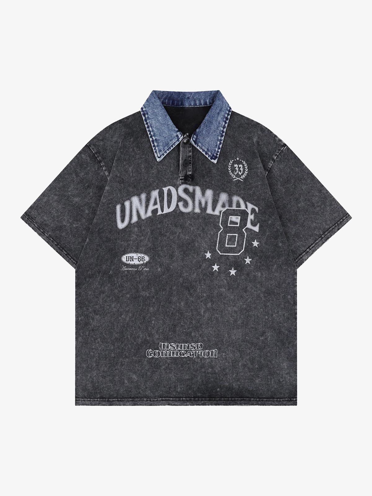 Distressed Embroidered Denim Collar Polo Shirt 