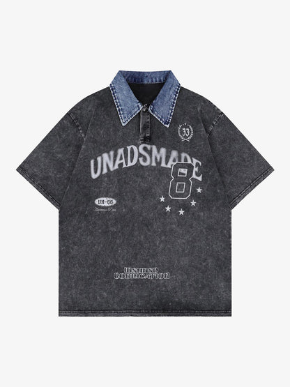 Distressed Embroidered Denim Collar Polo Shirt 