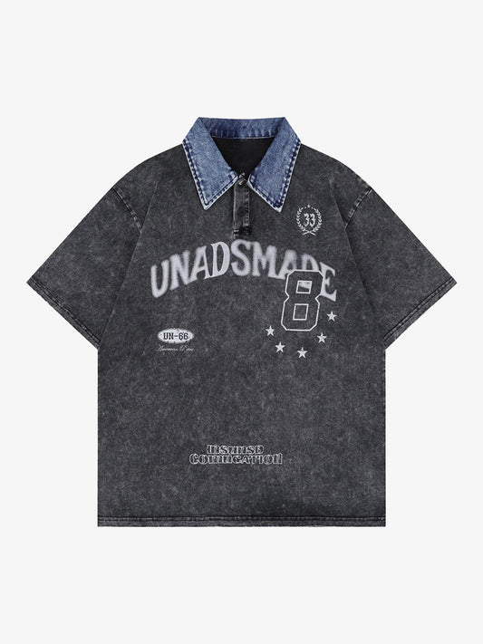 Distressed Embroidered Denim Collar Polo Shirt 