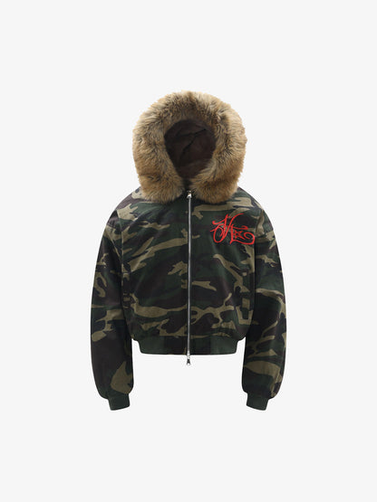 Embroidered Detachable Fur Hooded Jacket 