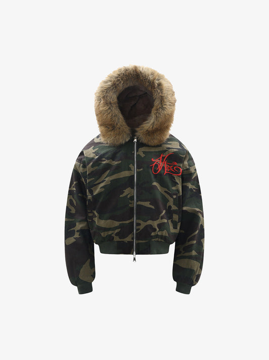Embroidered Detachable Fur Hooded Jacket 