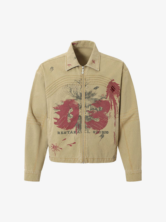Washed Graffiti Zip Up Workwear Jacket 