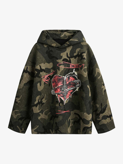 Vintage Camouflage Flame Heart Print Hoodie 