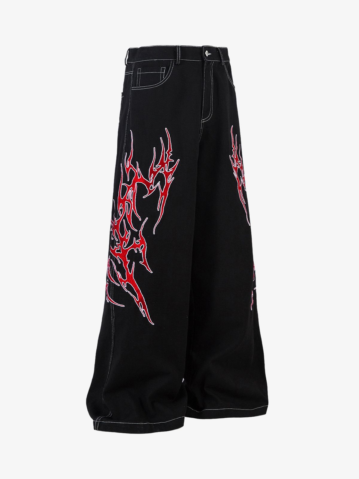 Contrast Flame Embroidered Baggy Jeans - 2364 