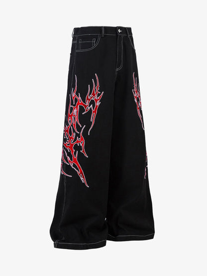 Contrast Flame Embroidered Baggy Jeans - 2364 
