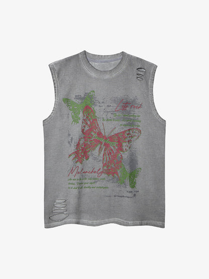 Distressed Graphic Butterfly Print Vest 