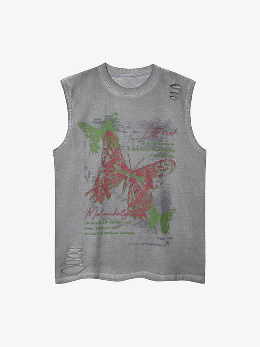 Distressed Graphic Butterfly Print Vest 