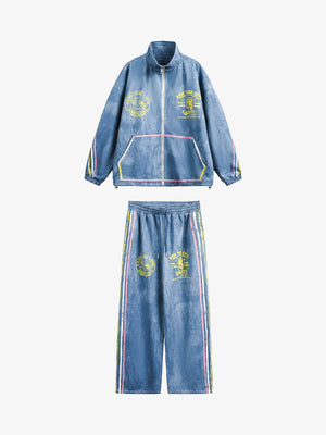 Suede Retro Contrast Color Print Suit 