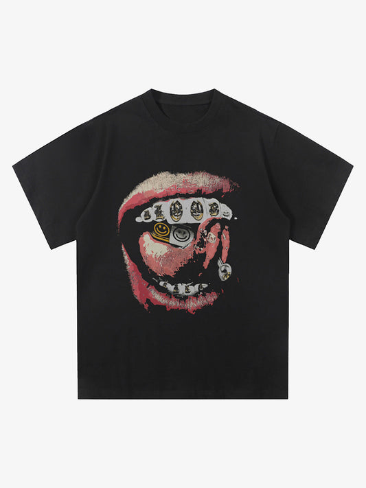Street Retro Washed Lip Print T-shirt 