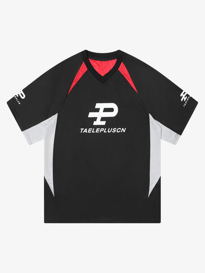 Contrast Color Sporty V-Neck Jersey T-Shirt 