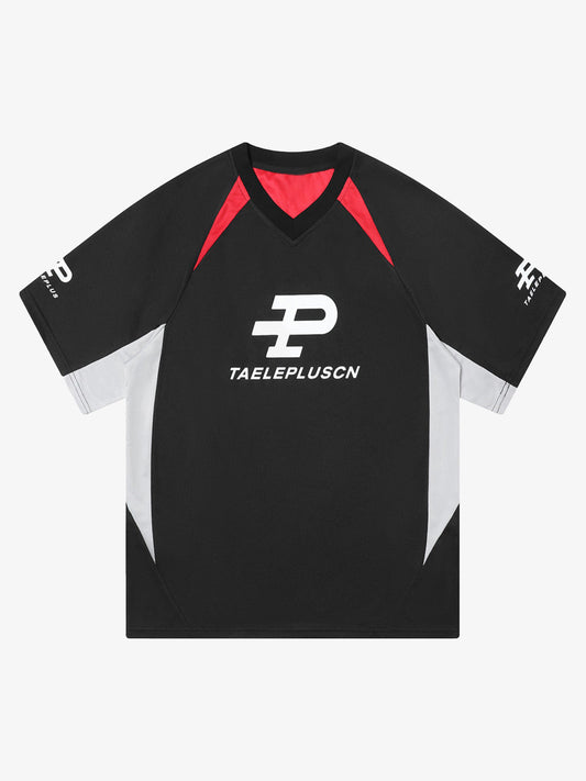 Contrast Color Sporty V-Neck Jersey T-Shirt 