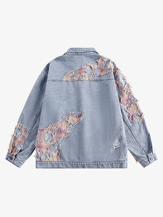 Thesupermade American Street Style Lace Patchwork Denim Jacket 
