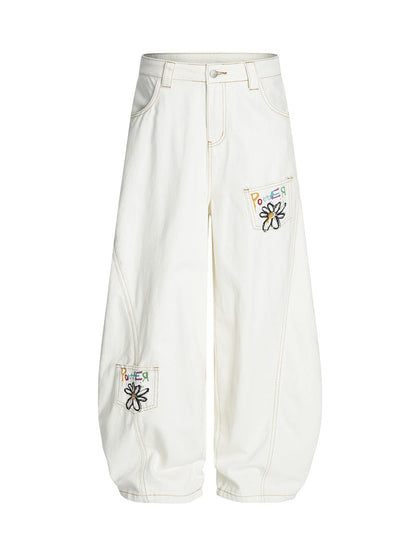 Embroidered Floral Patches Barrel Jeans 
