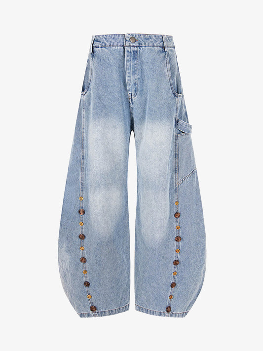 Button Embroidered Barrel Jeans 