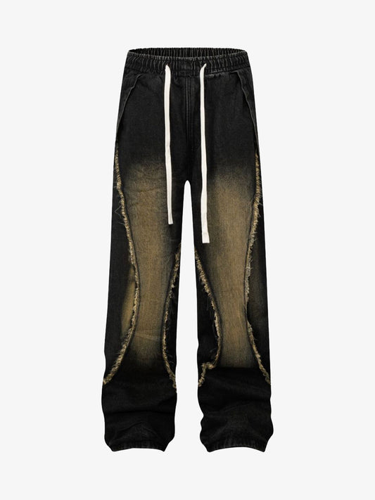 Washed Distressed Raw Edge Drawstring Jeans 