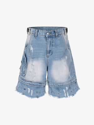 Ripped Washed Tassel Cargo Denim Shorts 