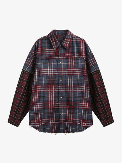Retro Faux Two-Piece Plaid Shirt 