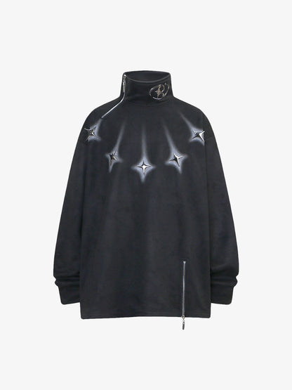 Thesupermade Metal Button Multi Zipper Suede Fleece Sweatshirt 